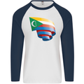 Curled Comoros Flag Comorian Day Football Mens L/S Baseball T-Shirt White/Navy Blue