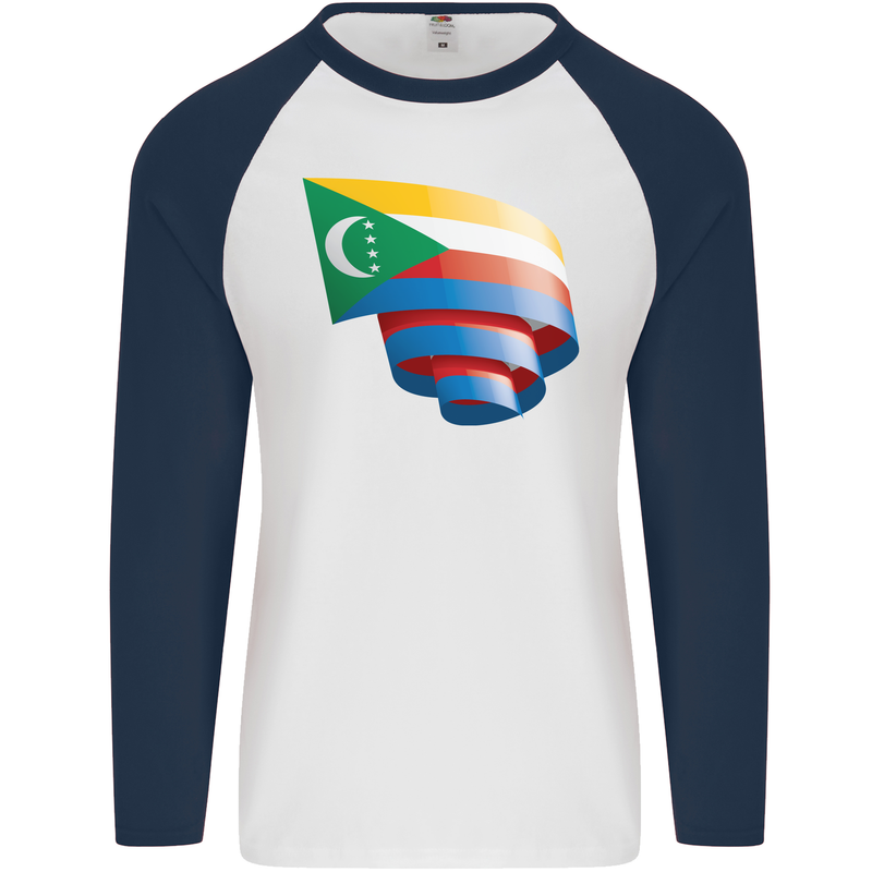 Curled Comoros Flag Comorian Day Football Mens L/S Baseball T-Shirt White/Navy Blue