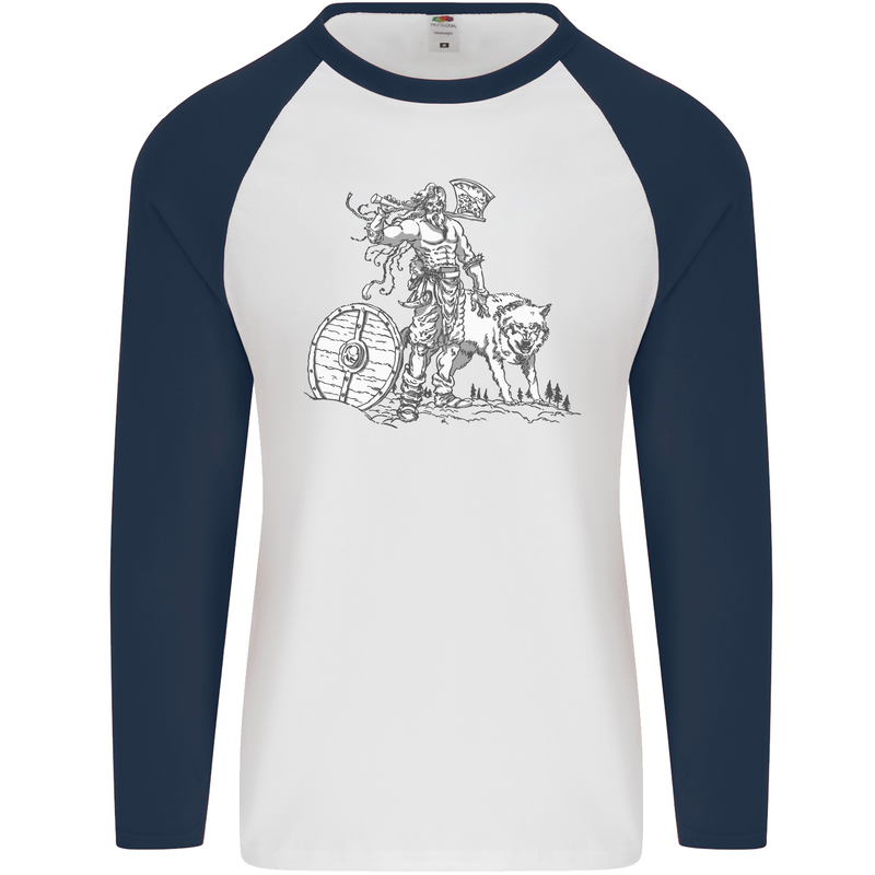 Viking With a Wolf and Shield Thor Valhalla Mens L/S Baseball T-Shirt White/Navy Blue