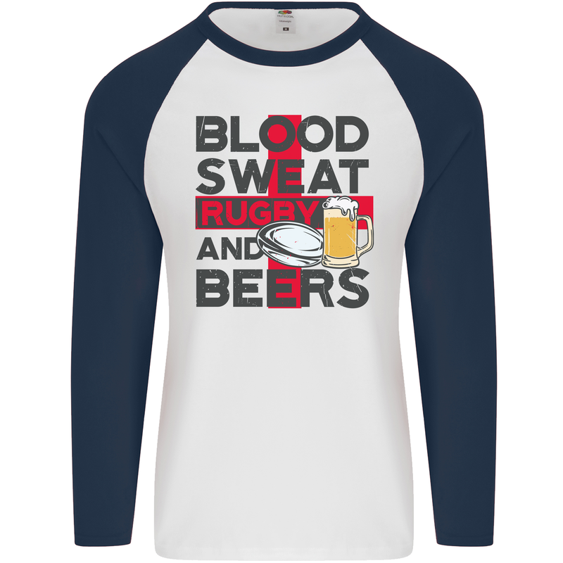 Blood Sweat Rugby and Beers England Funny Mens L/S Baseball T-Shirt White/Navy Blue