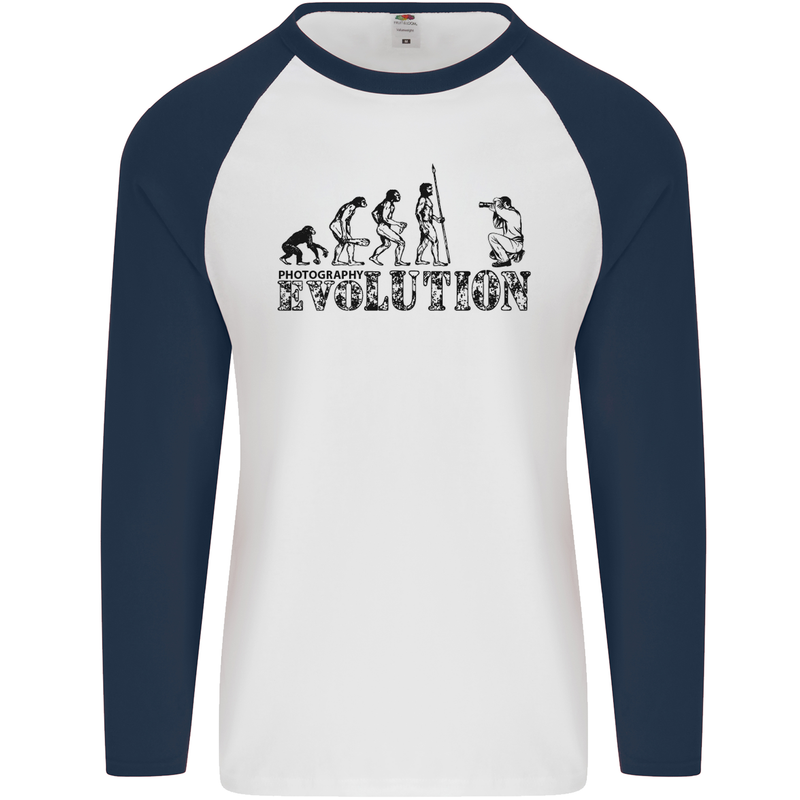 Evolution Photographer Funny Photoraphy Mens L/S Baseball T-Shirt White/Navy Blue