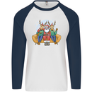 Santa Claus Chilling With Reindeers Christmas Xmas Mens L/S Baseball T-Shirt White/Navy Blue