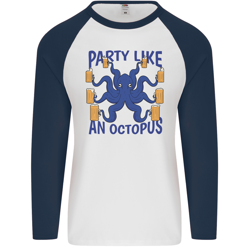 Beer Party Octopus Scuba Diving Diver Funny Mens L/S Baseball T-Shirt White/Navy Blue