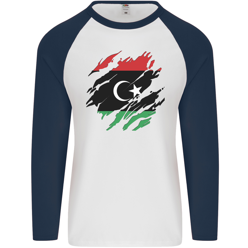 Torn Libya Flag Libyan Day Football Mens L/S Baseball T-Shirt White/Navy Blue