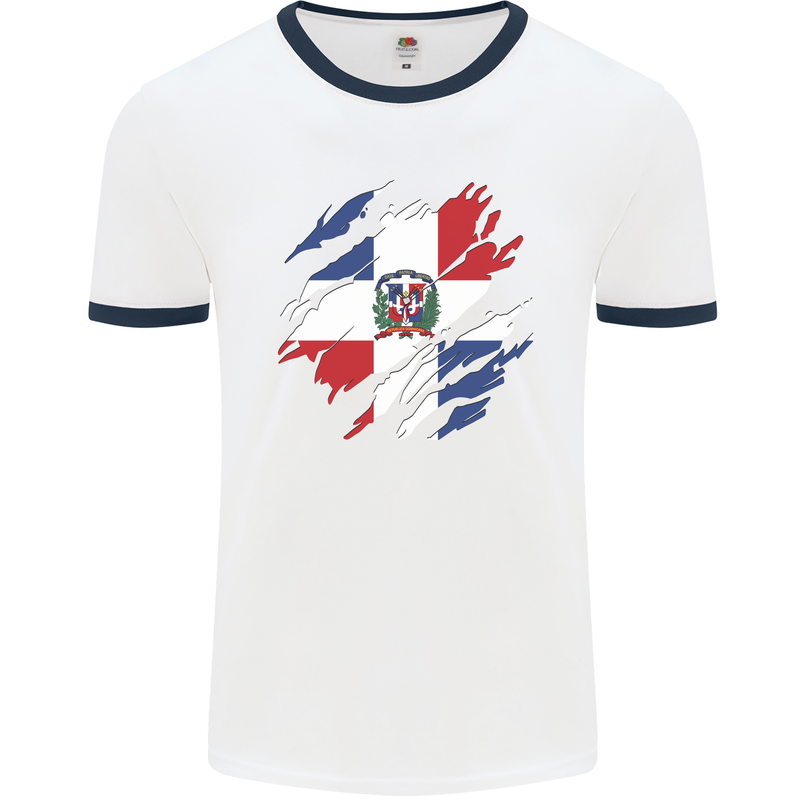 Torn Dominican Republic Flag Dominicanos Day Mens Ringer T-Shirt White/Navy Blue