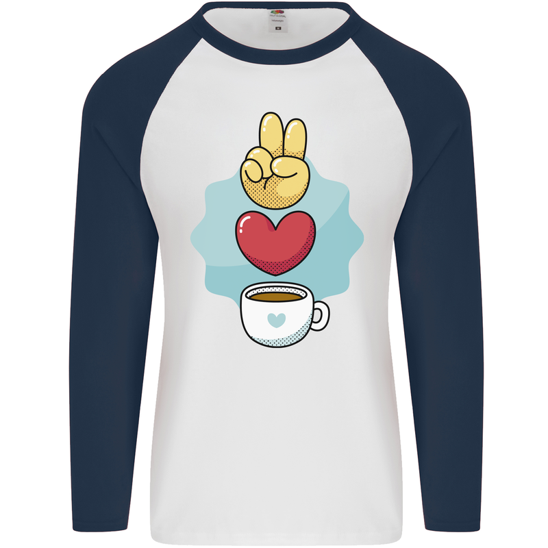 Peace Love Coffee Mens L/S Baseball T-Shirt White/Navy Blue