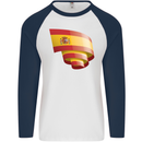 Curled Spain Flag Spanish Day Football Mens L/S Baseball T-Shirt White/Navy Blue