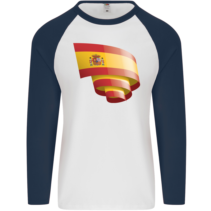 Curled Spain Flag Spanish Day Football Mens L/S Baseball T-Shirt White/Navy Blue