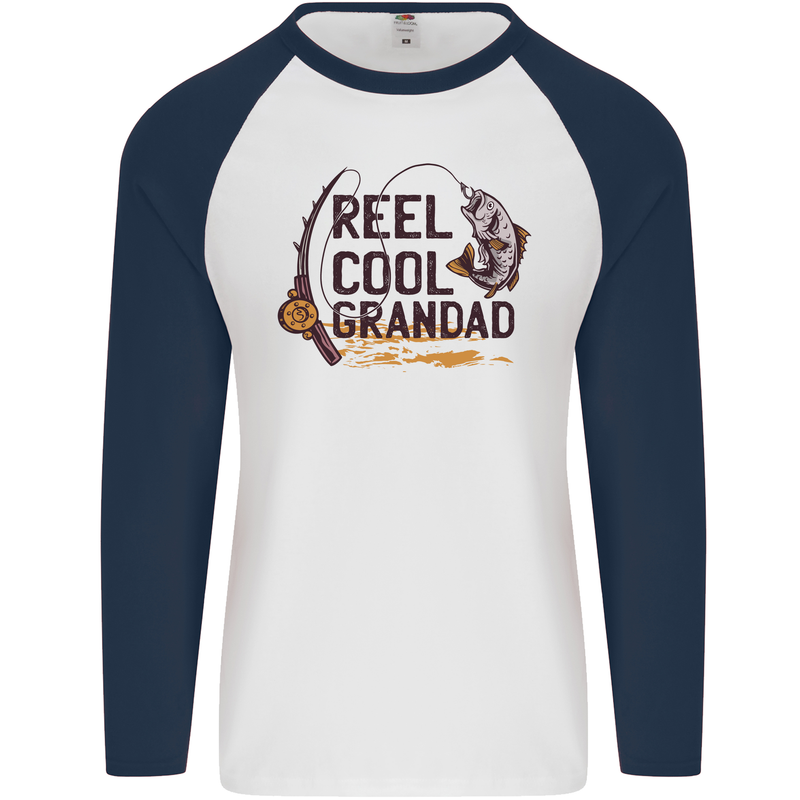 Reel Cool Grandad Funny Fishing Fisherman Mens L/S Baseball T-Shirt White/Navy Blue