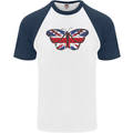 Union Jack Butterfly British Britain Flag Mens S/S Baseball T-Shirt White/Navy Blue