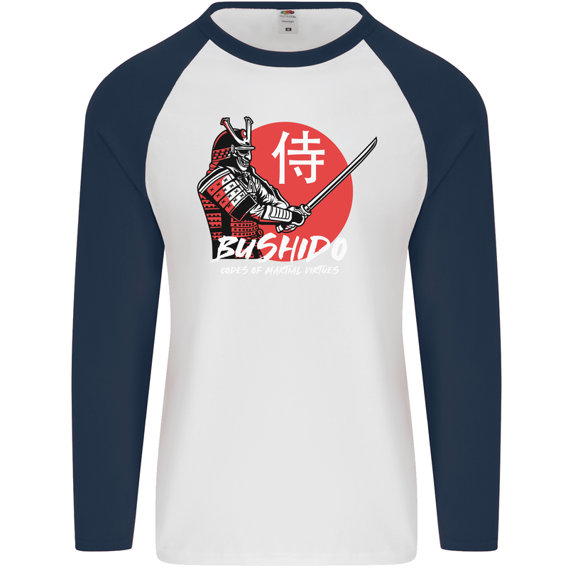 Bushido Samurai Warrior Sword Ronin MMA Mens L/S Baseball T-Shirt White/Navy Blue