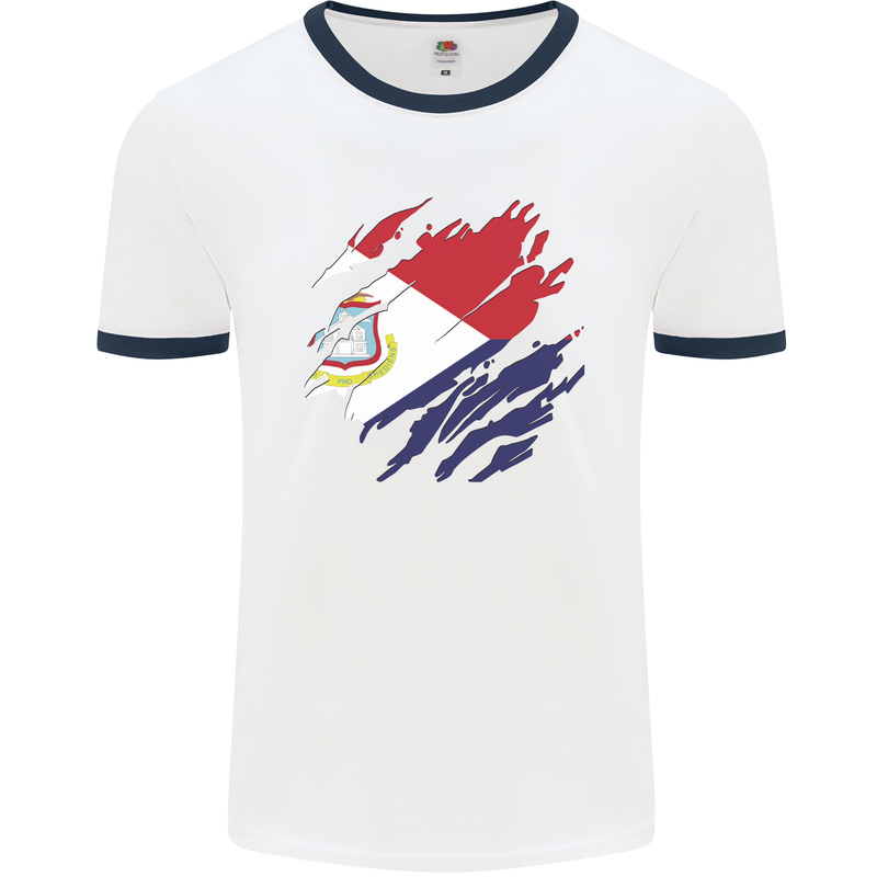 Torn Flag Saint Martin Mens Ringer T-Shirt White/Navy Blue