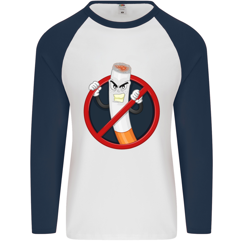 No Smoking Give Up Anti Smoker Mens L/S Baseball T-Shirt White/Navy Blue