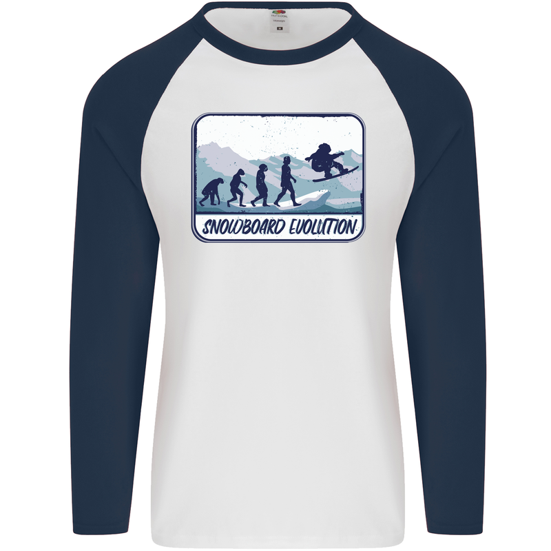 Snowboarding Evolution Funny Snowboarder Mens L/S Baseball T-Shirt White/Navy Blue