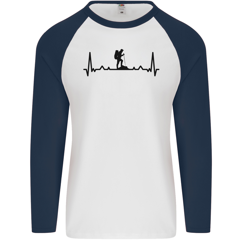 Hiking ECG Walking Rambling Trekking Pulse Mens L/S Baseball T-Shirt White/Navy Blue