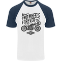 Two Wheels Forever Motorcycle Cafe Racer Mens S/S Baseball T-Shirt White/Navy Blue