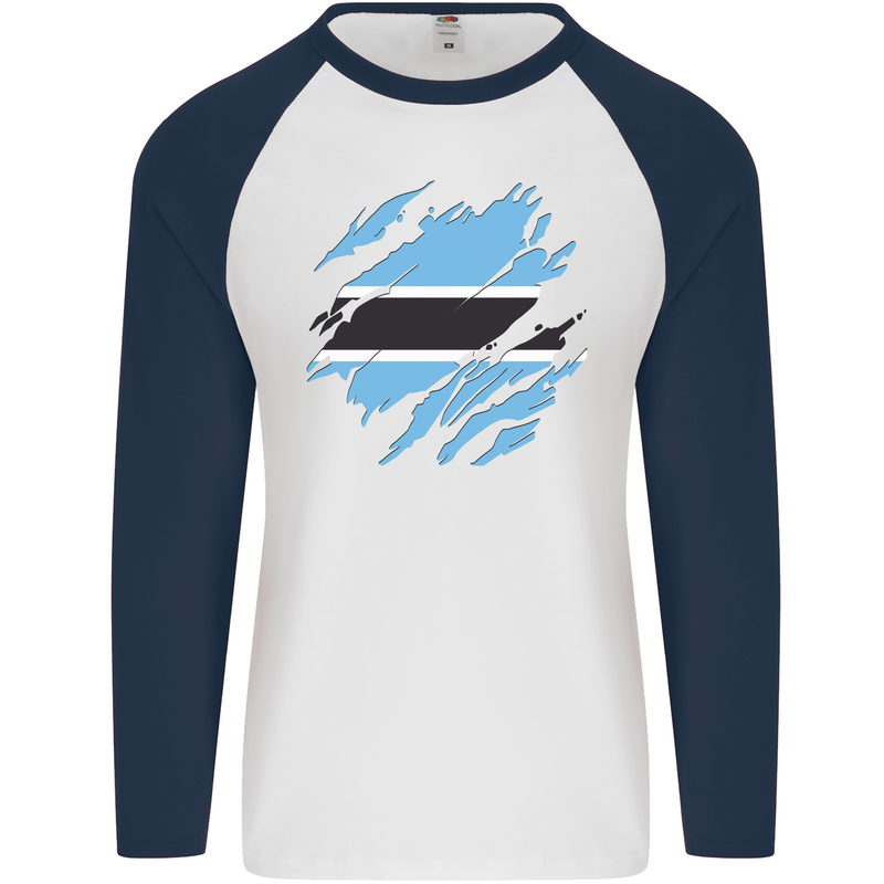 Torn Botswana Flag Batswana Day Football Mens L/S Baseball T-Shirt White/Navy Blue