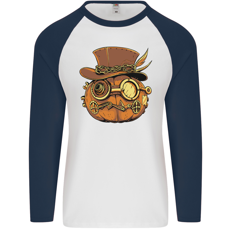 Steampunk Pumpkin Halloween Mens L/S Baseball T-Shirt White/Navy Blue