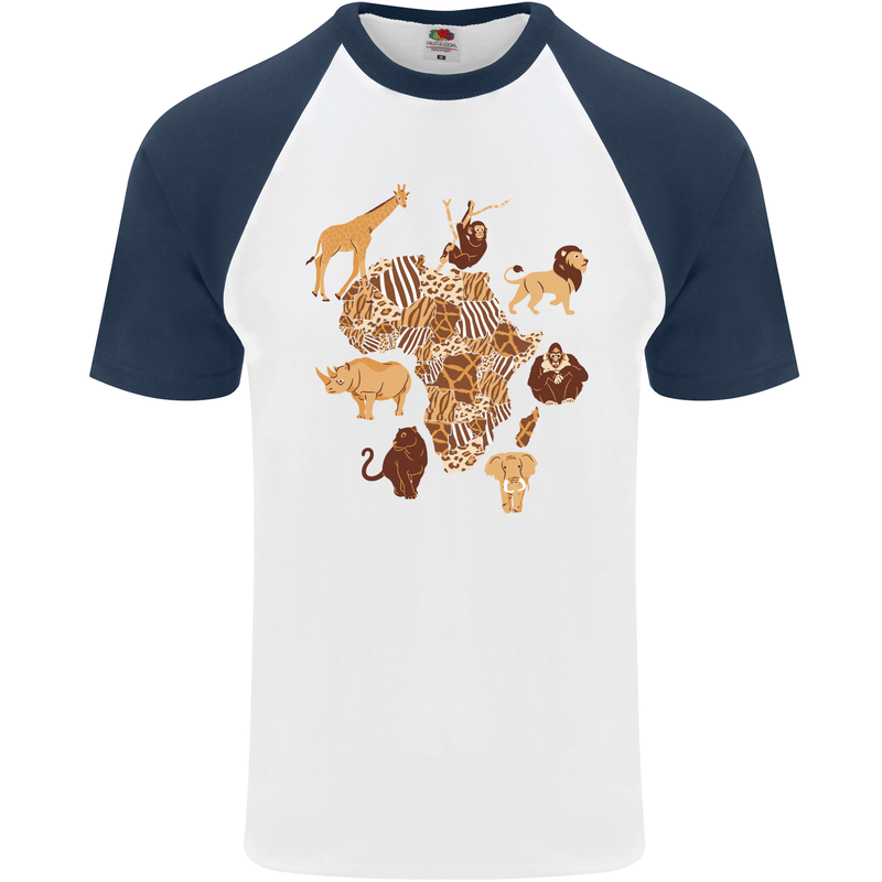 Africa Wildlife Map Giraffe Rhino Ape Elephant Lion Mens S/S Baseball T-Shirt White/Navy Blue