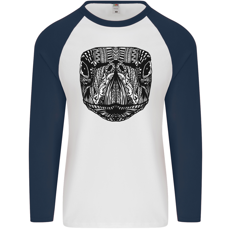 Turtle Mandala Art Tortoise Mens L/S Baseball T-Shirt White/Navy Blue
