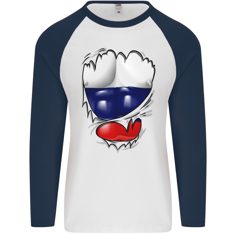 Gym Russian Flag Ripped Muscles Russia Mens L/S Baseball T-Shirt White/Navy Blue