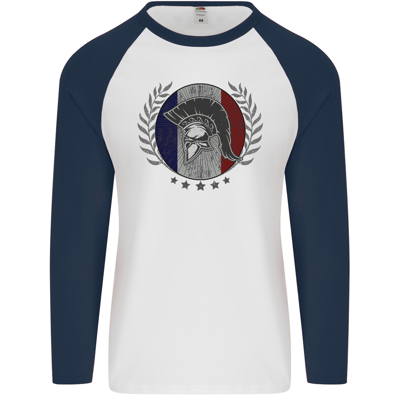 French Bodybuilding Flag Gym Training France Mens L/S Baseball T-Shirt White/Navy Blue