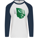 Curled Pakistan Flag Pakistani Day Football Mens L/S Baseball T-Shirt White/Navy Blue