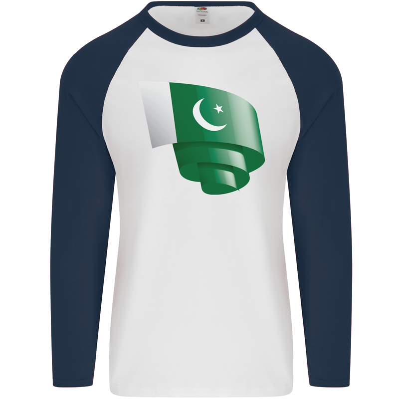 Curled Pakistan Flag Pakistani Day Football Mens L/S Baseball T-Shirt White/Navy Blue