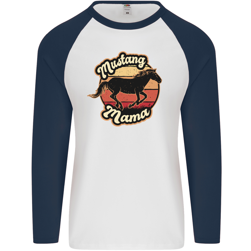 Mustang Mama Equestrian Horse Mens L/S Baseball T-Shirt White/Navy Blue