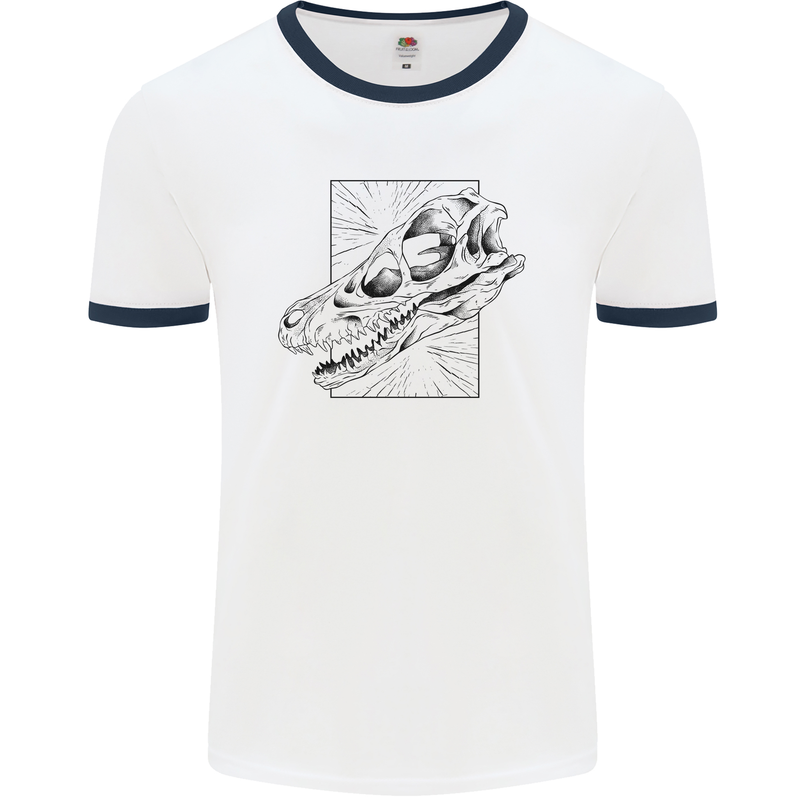 Velociraptor Skull Dinosaurs Palaeontology Mens Ringer T-Shirt White/Navy Blue