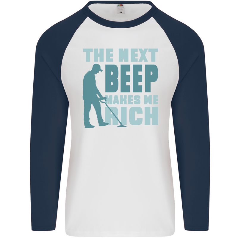 Metal Detecting The Next Beep Funny Mens L/S Baseball T-Shirt White/Navy Blue