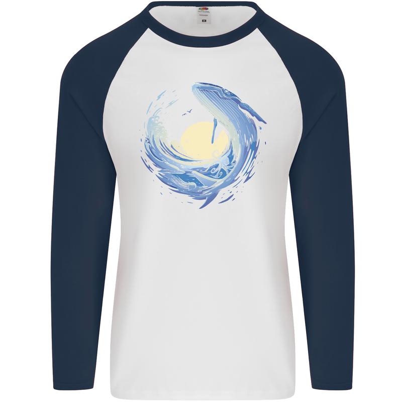 Ocean Whale & Octopus Mens L/S Baseball T-Shirt White/Navy Blue