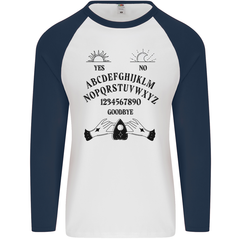 Ouija Board Dark Black Magic Voodoo Mens L/S Baseball T-Shirt White/Navy Blue