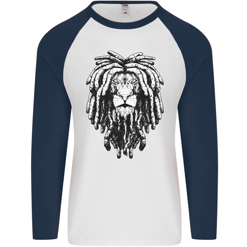 A Rasta Lion With Dreadlocks Jamaica Reggae Mens L/S Baseball T-Shirt White/Navy Blue
