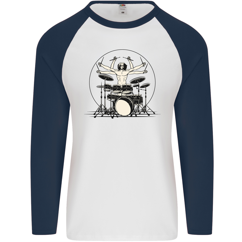 Virtruvian Drummer Funny Drumming Drum Mens L/S Baseball T-Shirt White/Navy Blue