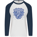 Mandala Art Elephant Mens L/S Baseball T-Shirt White/Navy Blue