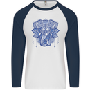 Mandala Art Elephant Mens L/S Baseball T-Shirt White/Navy Blue