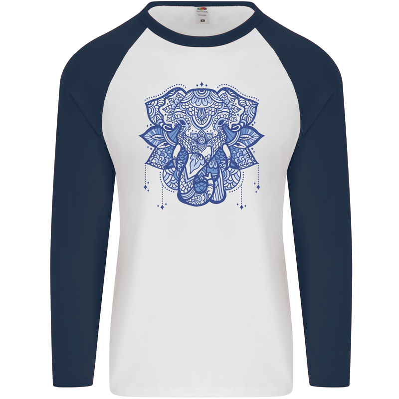 Mandala Art Elephant Mens L/S Baseball T-Shirt White/Navy Blue