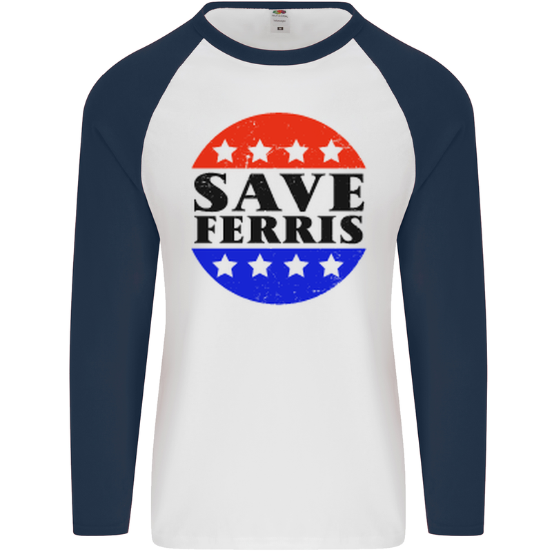 Save Ferris Funny 80's Movie Mens L/S Baseball T-Shirt White/Navy Blue
