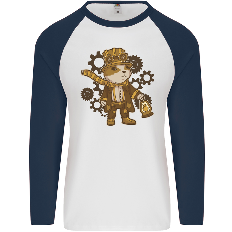 Steampunk Hamster Mens L/S Baseball T-Shirt White/Navy Blue