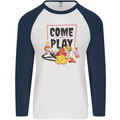 Come to Play Lets Summon Demons Ouija Board Mens L/S Baseball T-Shirt White/Navy Blue