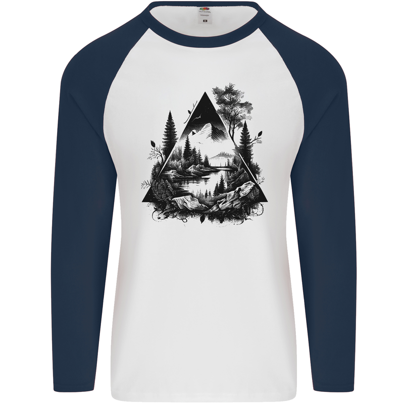 Abstract Outdoors Camping Bushcraft Hiking Trekking Mens L/S Baseball T-Shirt White/Navy Blue