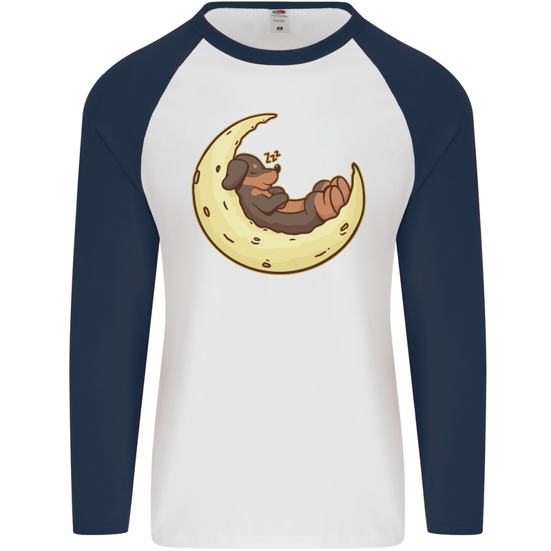 Dachshund Dog Moon Mens L/S Baseball T-Shirt White/Navy Blue