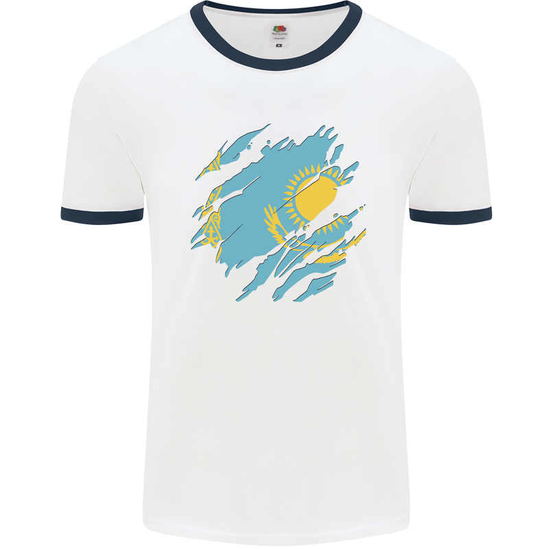 Torn Kazakhstan Flag Kazakh Day Football Mens Ringer T-Shirt White/Navy Blue