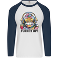 Turn It Up Monkey DJ Headphones Music Mens L/S Baseball T-Shirt White/Navy Blue