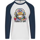 Turn It Up Monkey DJ Headphones Music Mens L/S Baseball T-Shirt White/Navy Blue