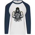 Jiu Jitsu Gorilla MMA Martial Arts Karate Mens L/S Baseball T-Shirt White/Navy Blue