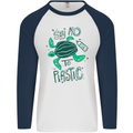 Climate Change Say No To Plastic Mens L/S Baseball T-Shirt White/Navy Blue