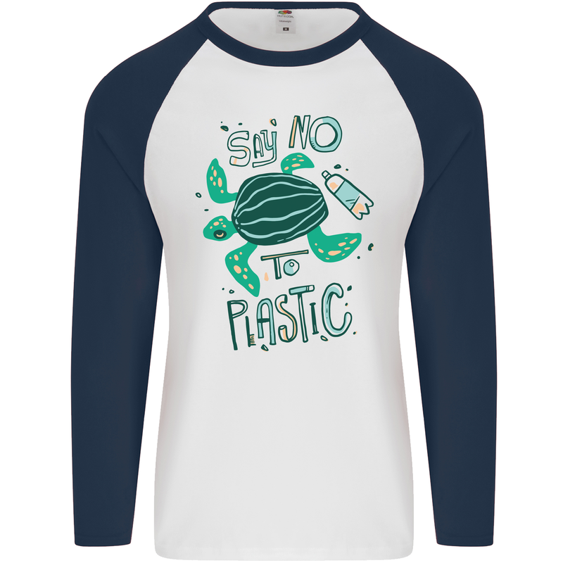 Climate Change Say No To Plastic Mens L/S Baseball T-Shirt White/Navy Blue