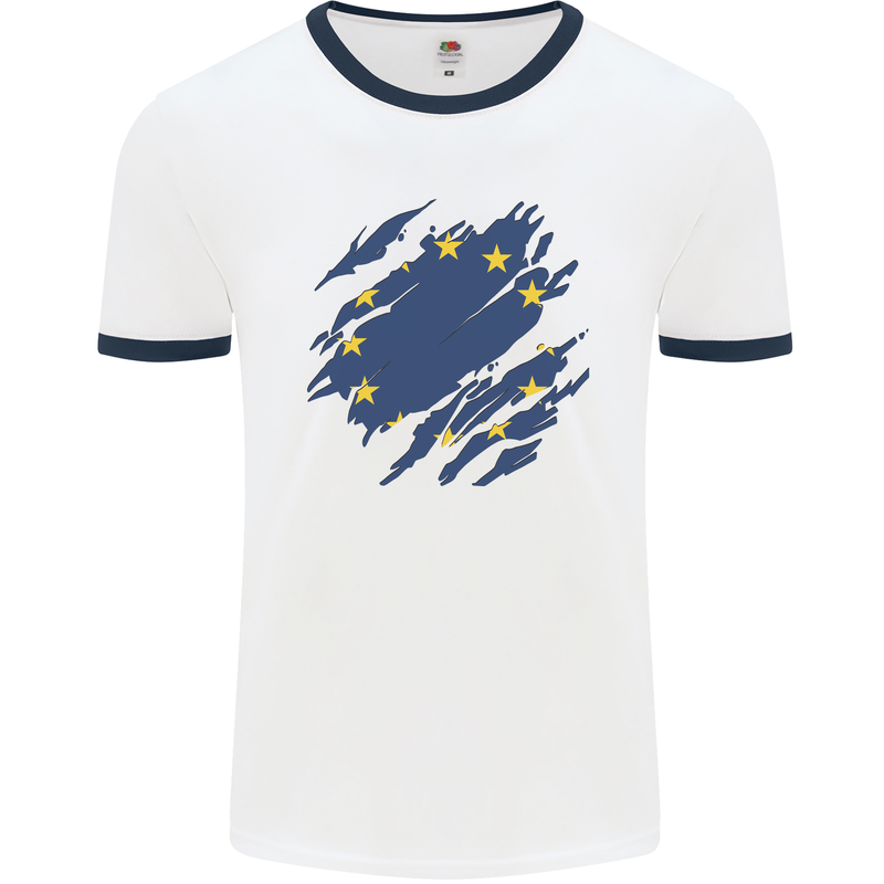 Torn EU Flag European Union Flag Football Mens Ringer T-Shirt White/Navy Blue